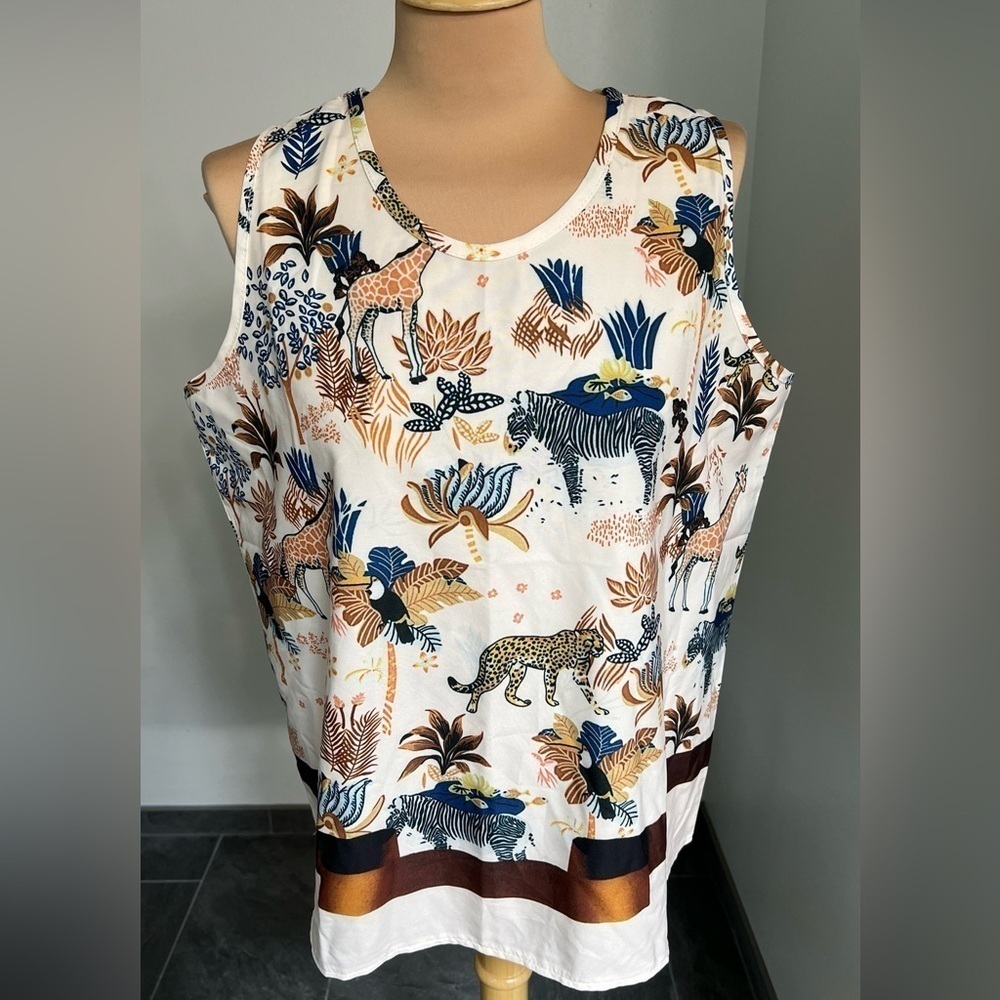 Virabel Women's African Savannah Print Tank Top Blouse Size L/XL Zebra Giraffe